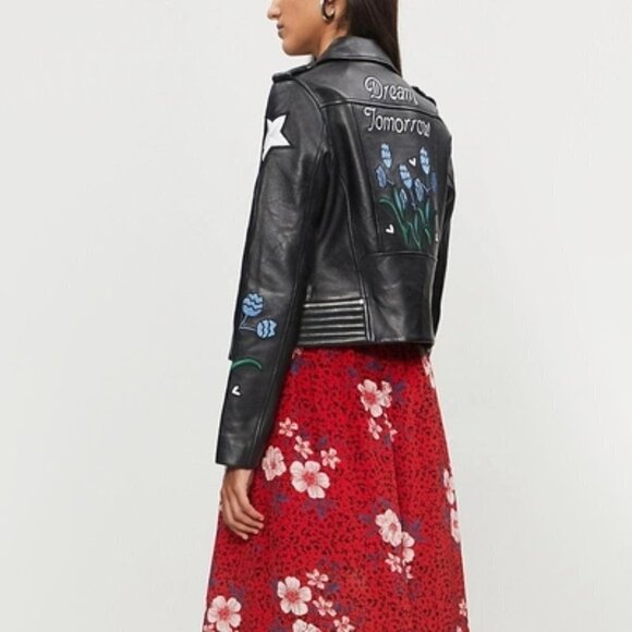 NWT Maje black leather patch embroidered “Dream Tomorrow” moto biker jacket, S - Picture 5 of 15